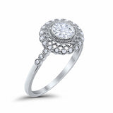 Halo Engagement Ring Bezel Art Deco Round Cubic Zirconia 925 Sterling Silver