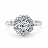 Halo Engagement Ring Bezel Art Deco Round Cubic Zirconia 925 Sterling Silver