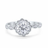 Halo Floral Wedding Ring Round Simulated Cubic Zirconia 925 Sterling Silver