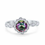 Halo Floral Wedding Ring Round Simulated Cubic Zirconia 925 Sterling Silver