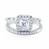 Halo Asscher Cut Wedding Engagement Bridal Set Ring Round Cubic Zirconia 925 Sterling Silver Choose Color