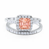 Halo Asscher Cut Wedding Engagement Bridal Set Ring Round Cubic Zirconia 925 Sterling Silver Choose Color