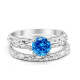 Art Deco Two Piece Engagement Ring Round Simulated CZ 925 Sterling Silver