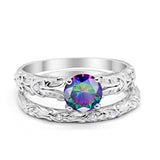 Art Deco Two Piece Engagement Ring Round Simulated CZ 925 Sterling Silver