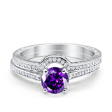 Filigree Two Piece Wedding Engagement Ring Art Deco Bridal Set Round Cubic Zirconia 925 Sterling Silver Choose Color