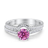 Filigree Two Piece Wedding Engagement Ring Art Deco Bridal Set Round Cubic Zirconia 925 Sterling Silver Choose Color