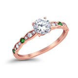 Art Deco Wedding Engagement Ring Round Cubic Zirconia 925 Sterling Silver Simulated Emerald