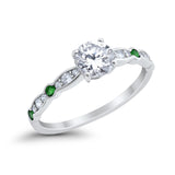 Art Deco Wedding Engagement Ring Round Cubic Zirconia 925 Sterling Silver Simulated Emerald