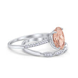Two Piece Art Deco Oval Solid Engagement Ring Simulated CZ 925 Sterling Silver