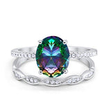 Two Piece Art Deco Oval Solid Engagement Ring Simulated CZ 925 Sterling Silver