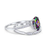Two Piece Art Deco Oval Solid Engagement Ring Simulated CZ 925 Sterling Silver