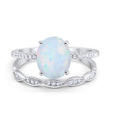Two Piece Art Deco Oval Solid Engagement Ring Simulated CZ 925 Sterling Silver