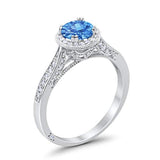 Halo Art Deco Engagement Ring Round Simulated Cubic Zirconia 925 Sterling Silver