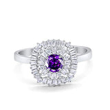 Halo Engagement Ring Round Baguette Simulated Cubic Zirconia 925 Sterling Silver