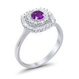 Halo Engagement Ring Round Baguette Simulated Cubic Zirconia 925 Sterling Silver