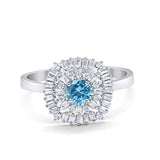 Halo Engagement Ring Round Baguette Simulated Cubic Zirconia 925 Sterling Silver