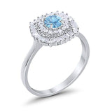 Halo Engagement Ring Round Baguette Simulated Cubic Zirconia 925 Sterling Silver