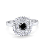 Halo Engagement Ring Round Baguette Simulated Cubic Zirconia 925 Sterling Silver