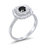 Halo Engagement Ring Round Baguette Simulated Cubic Zirconia 925 Sterling Silver