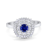 Halo Engagement Ring Round Baguette Simulated Cubic Zirconia 925 Sterling Silver