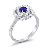 Halo Engagement Ring Round Baguette Simulated Cubic Zirconia 925 Sterling Silver
