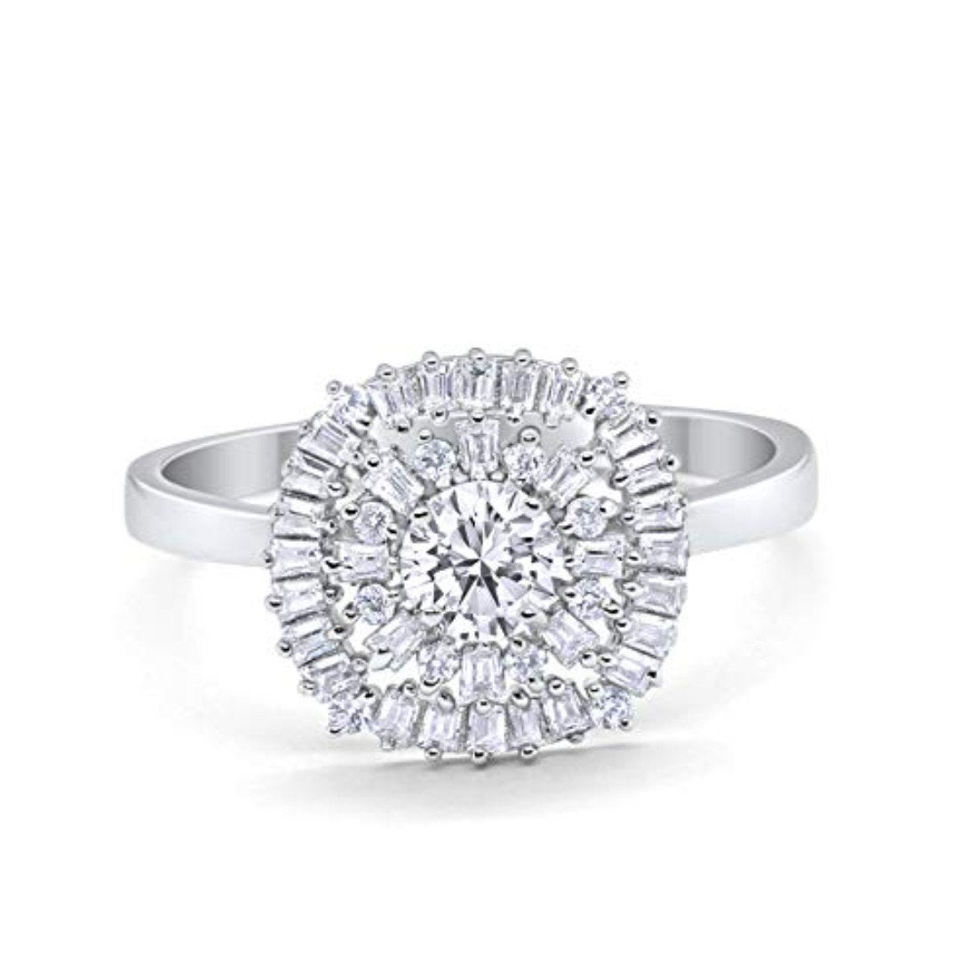 Halo Engagement Ring Round Baguette Simulated Cubic Zirconia 925 Sterling Silver