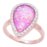Halo Teardrop Ring Pear Lab Created Opal Round CZ 925 Sterling Silver
