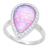 Halo Teardrop Ring Pear Lab Created Opal Round CZ 925 Sterling Silver