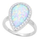 Halo Teardrop Ring Pear Lab Created Opal Round CZ 925 Sterling Silver