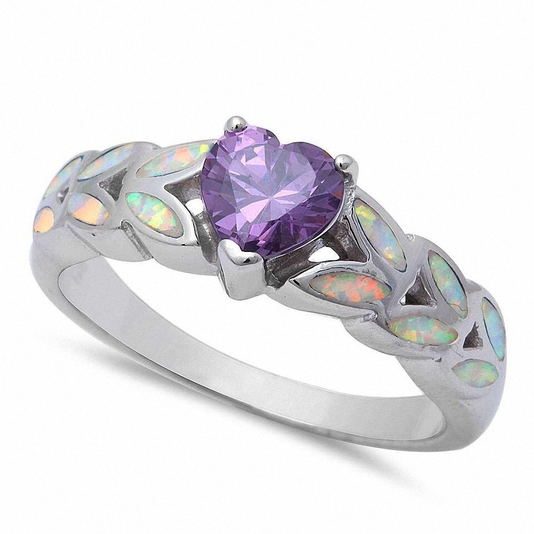 Heart Promise Ring Lab Created Opal Heart Simulated CZ 925 Sterling Silver (7mm)