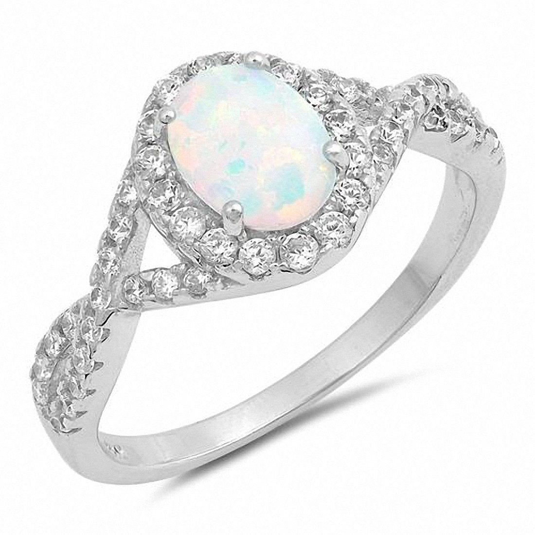 Halo Oval Infinity Twist Shank Fashion Ring Lab Created Opal 925 Sterling Silver