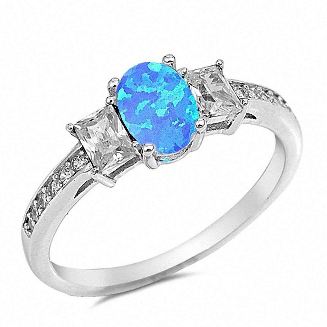 3 Stone Accent Wedding Ring Baguette Simulated Blue Sapphire Oval and Round CZ 925 Sterling Silver