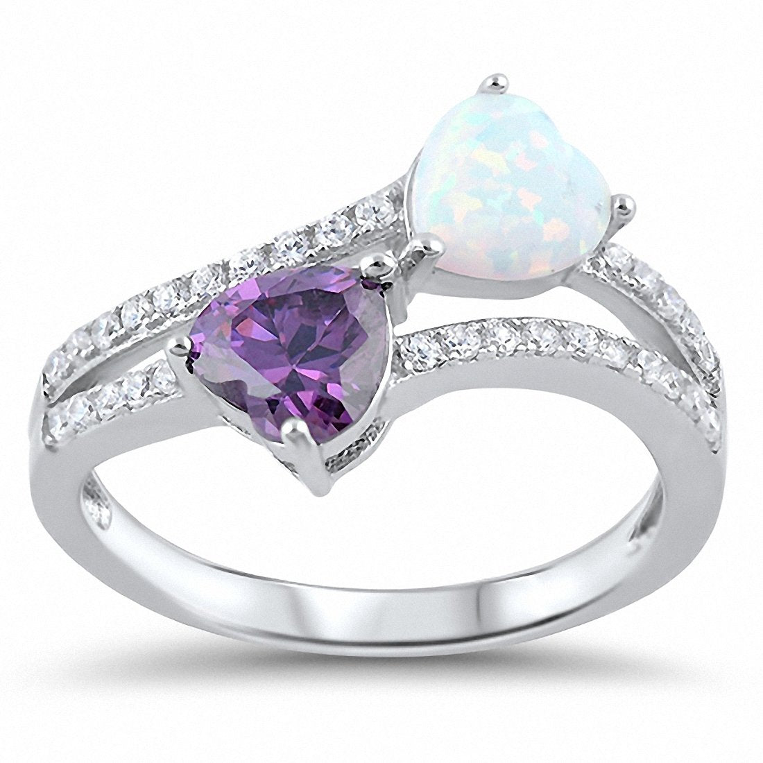 Double Heart Ring Heart Round Created Opal Cubic Zirconia 925 Sterling Silver Choose Color