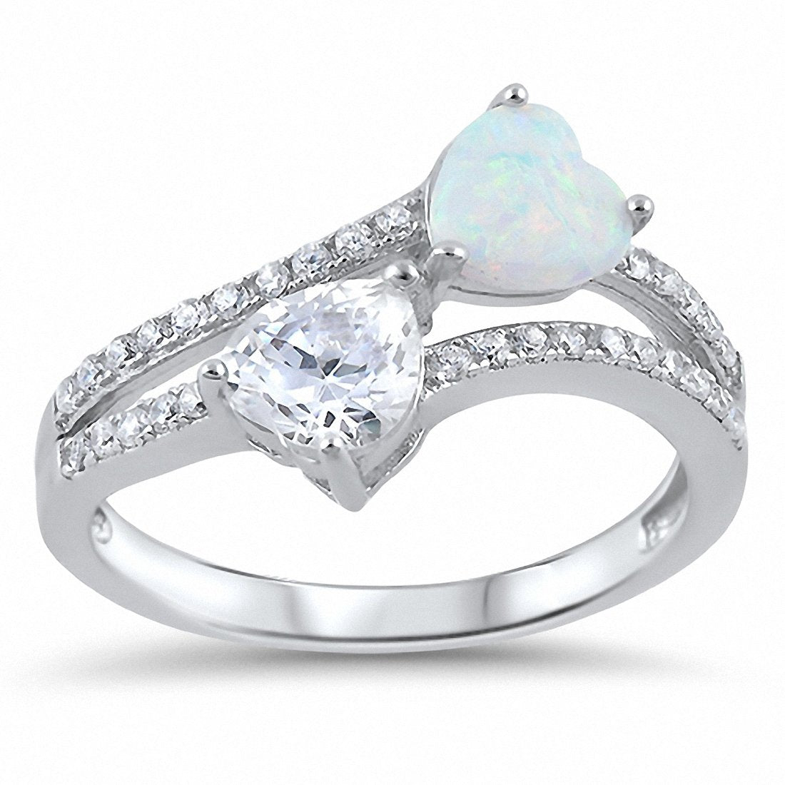 Double Heart Ring Heart Round Created Opal Cubic Zirconia 925 Sterling Silver Choose Color