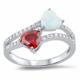 Double Heart Ring Heart Round Created Opal Cubic Zirconia 925 Sterling Silver Choose Color