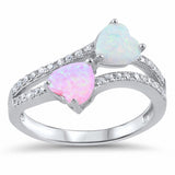 Double Heart Ring Heart Round Created Opal Cubic Zirconia 925 Sterling Silver Choose Color