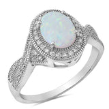 Halo Twist Shank Oval Lab Created White Opal Round Cubic Zirconia 925 Sterling Silver (13mm)