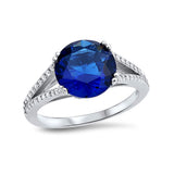 Round Simulated Blue Sapphire CZ Accent 925 Sterling Silver Split Shank Engagement Ring