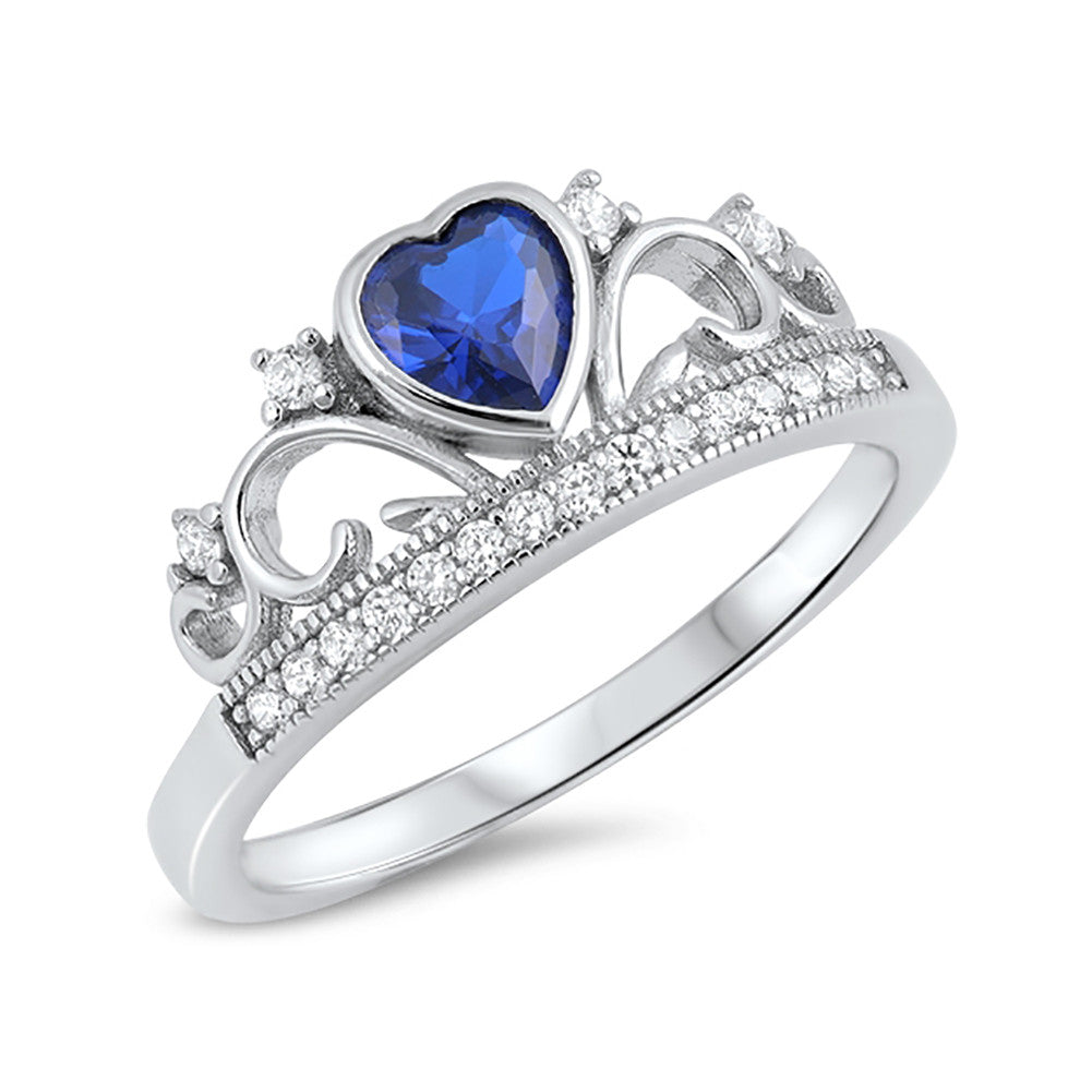 Half Eternity Heart Crown Design Ring 925 Sterling Silver Round CZ Choose Color - Blue Apple Jewelry