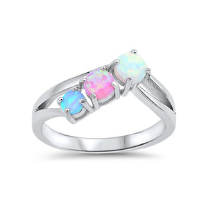 Fashion 3-Stone Ring Round Lab Created Pink, Light Blue, White Opal 925 Sterling Silver - Blue Apple Jewelry