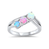 Fashion 3-Stone Ring Round Lab Created Pink, Light Blue, White Opal 925 Sterling Silver