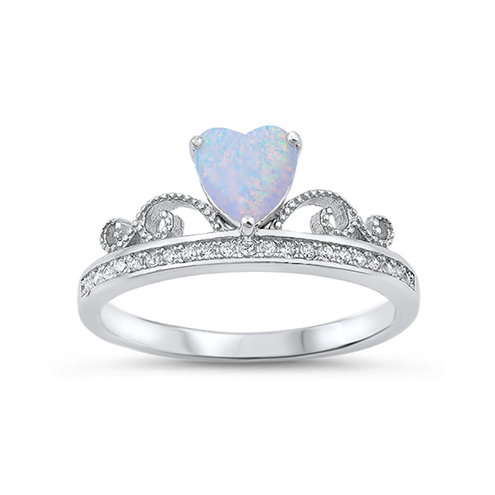 Heart Crown Ring Lab Created White Opal Round Cubic Zirconia 925 Sterling Silver - Blue Apple Jewelry