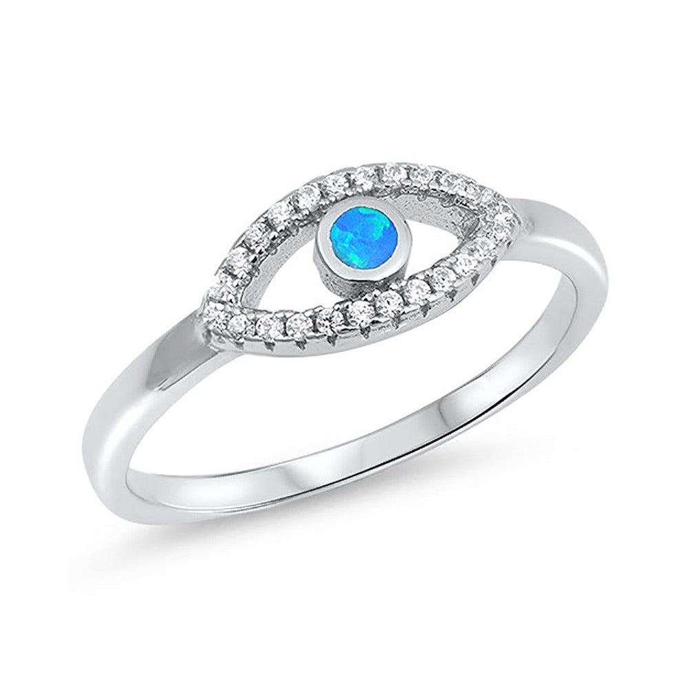 Evil Eye Ring Round Lab Created Opal Round Cubic Zirconia 925 Sterling Silver Choose Color - Blue Apple Jewelry