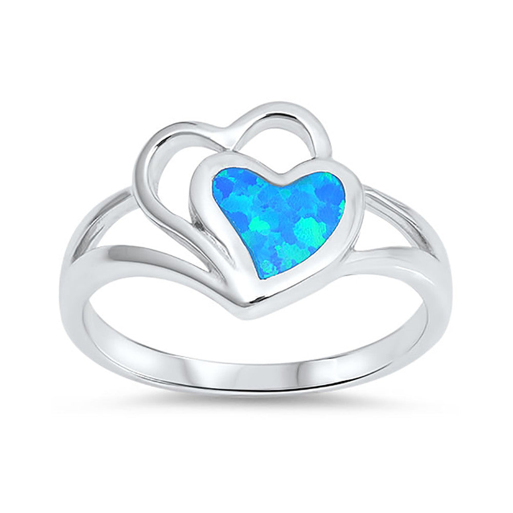 Double Heart Promise Ring Split Shank Lab Created Opal 925 Sterling Silver Choose Color - Blue Apple Jewelry