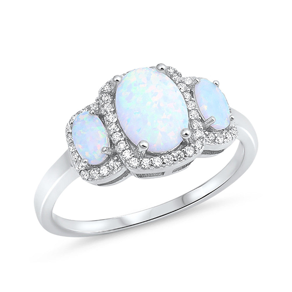 Halo 3-Stone Fashion Ring Oval Lab Created Opal 925 Sterling Silver Round CZ Choose Color - Blue Apple Jewelry