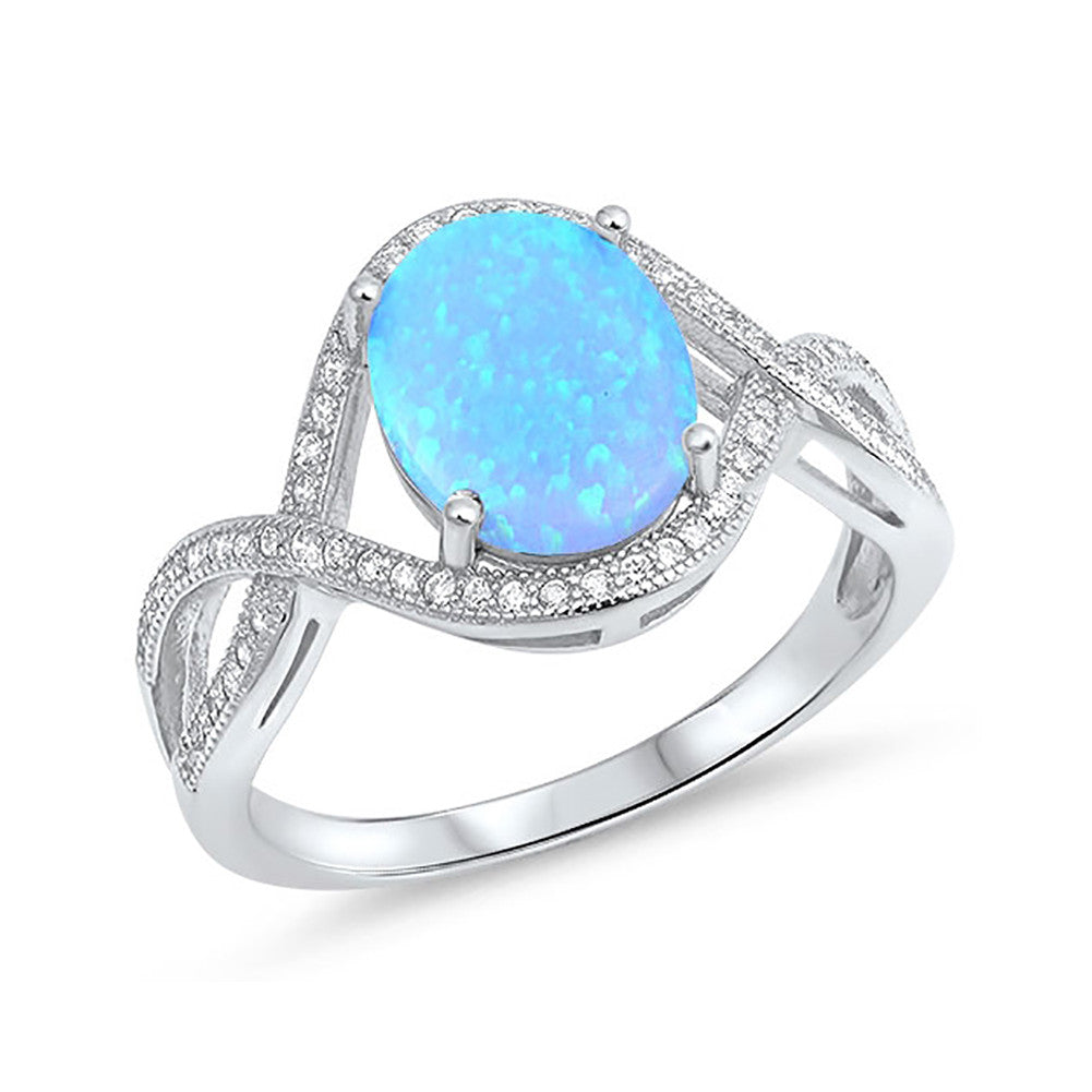 Halo Infinity Shank Fashion Ring Oval Created Opal Round CZ 925 Sterling Silver Choose Color - Blue Apple Jewelry