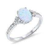 Solitaire Accent Ring 925 Sterling Silver Round CZ Oval Lab Created Opal Choose Color - Blue Apple Jewelry