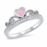 Half Eternity Heart Crown Ring Lab Created Blue Opal Round Cubic Zirconia 925 Sterling Silver