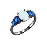 Fashion Ring Oval Lab Created White Opal Simulated Blue Sapphire 925 Sterling Silver