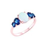 Fashion Ring Oval Lab Created White Opal Simulated Blue Sapphire 925 Sterling Silver